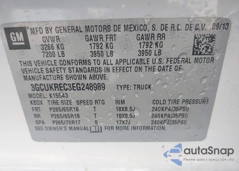 2014 Chevrolet Silverado 1500 2Lt из США, поврежденный, VIN 3GCUKREC3EG248989